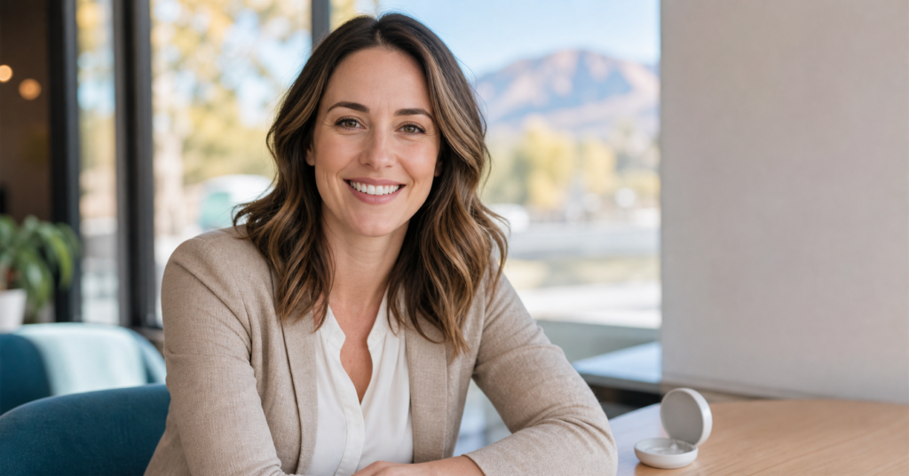 Adult smiling with clear aligners in a professional setting in Fort Collins