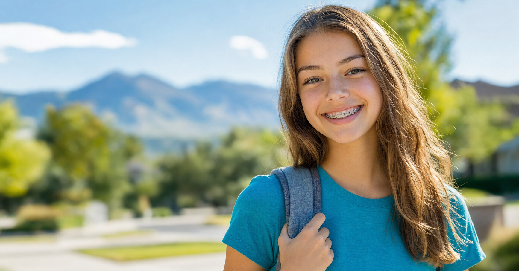 Teen smiling with braces in a summer back-to-school setting in Fort Collins