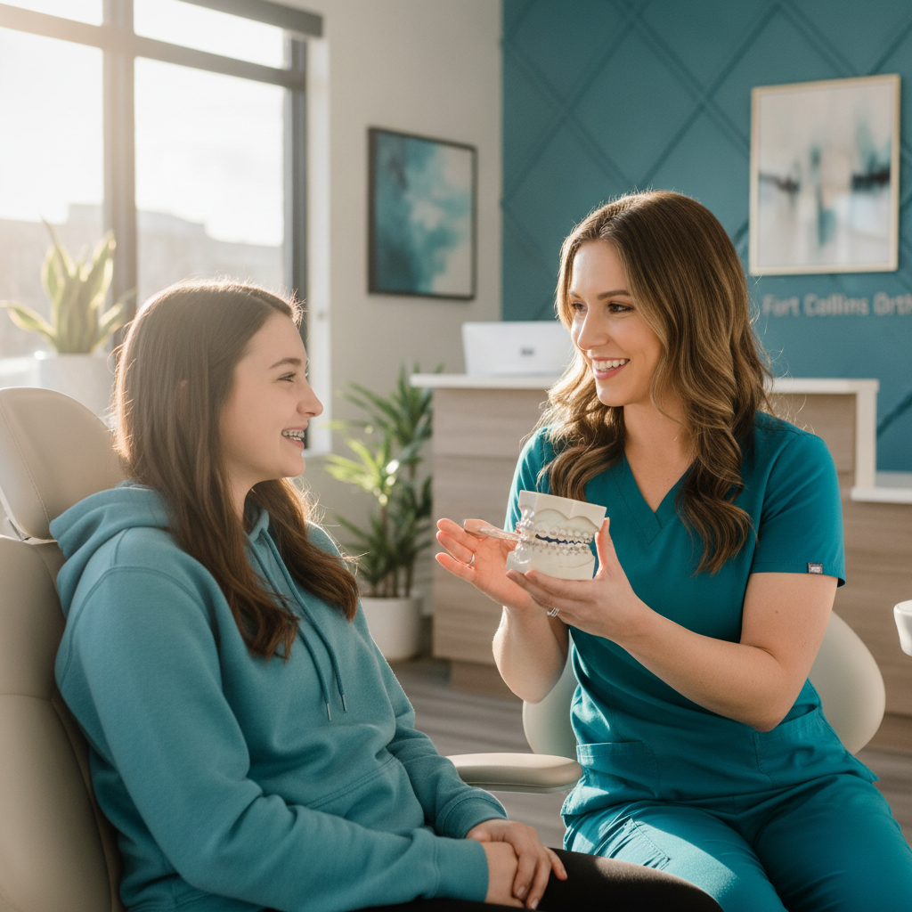 Orthodontist explaining braces options to a teen and parent in Fort Collins, CO