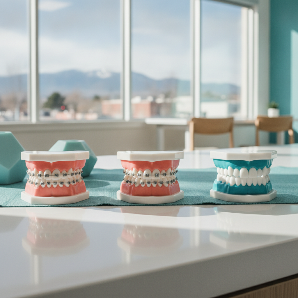 Different types of braces on dental models at a Fort Collins orthodontist