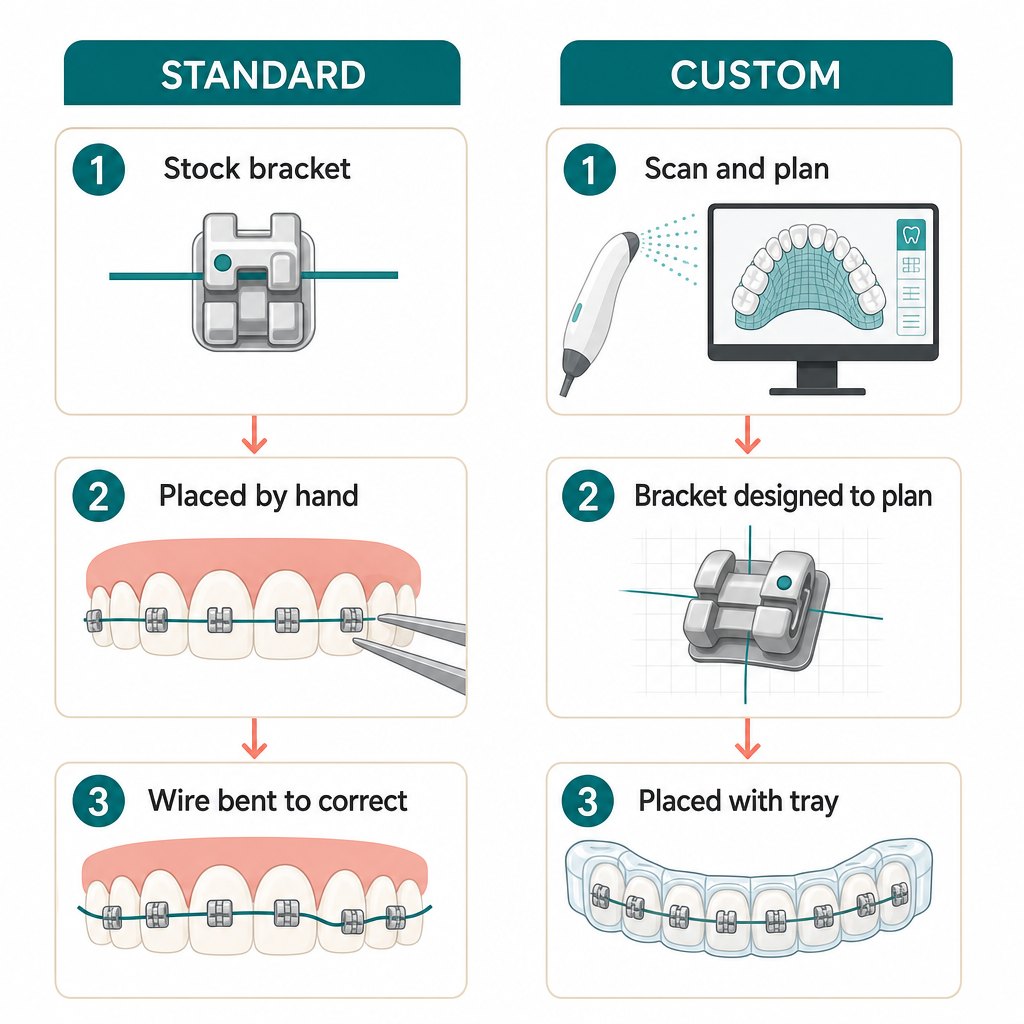Process comparison: standard braces use stock brackets placed by hand with wire bent to correct, while custom braces are scanned, designed to plan, and placed with a bonding tray