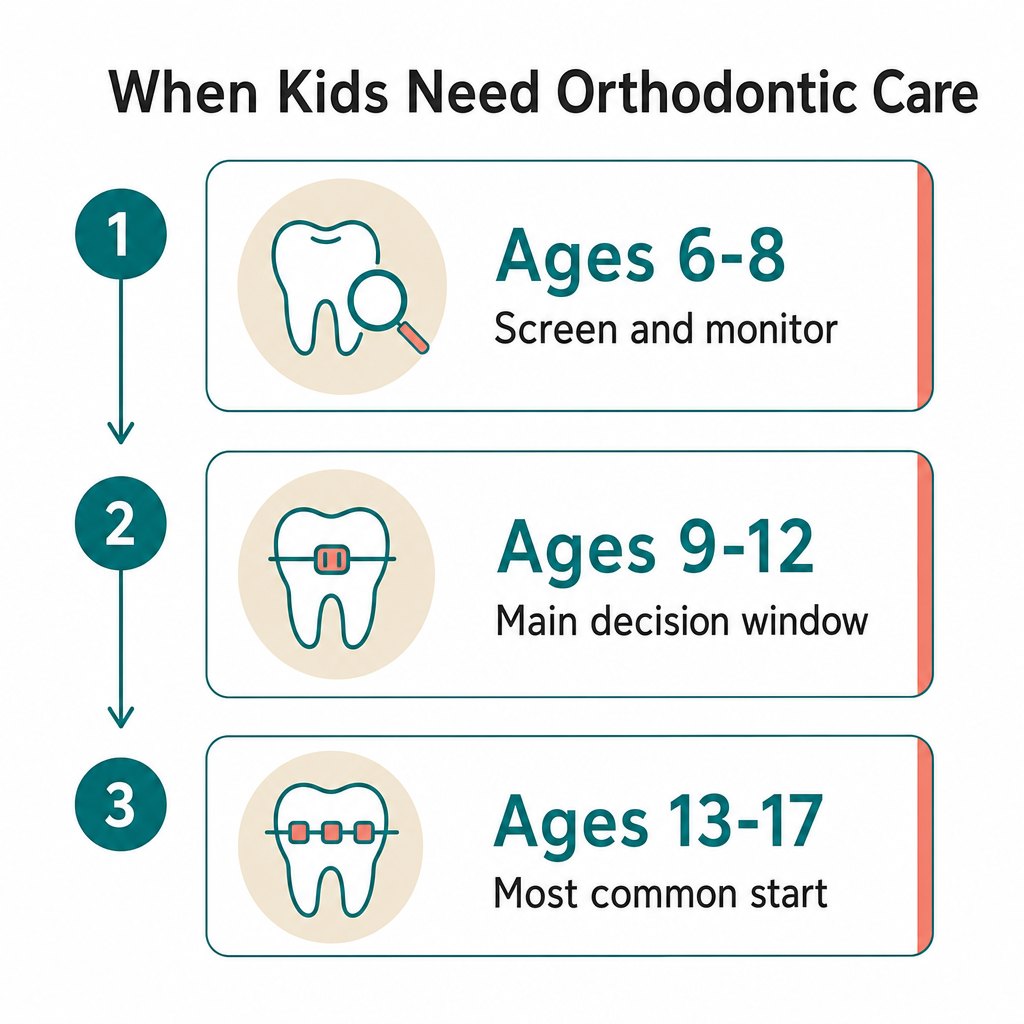 Timeline showing orthodontic care stages: screening at ages 6-8, main decision window at 9-12, and most common treatment start at 13-17
