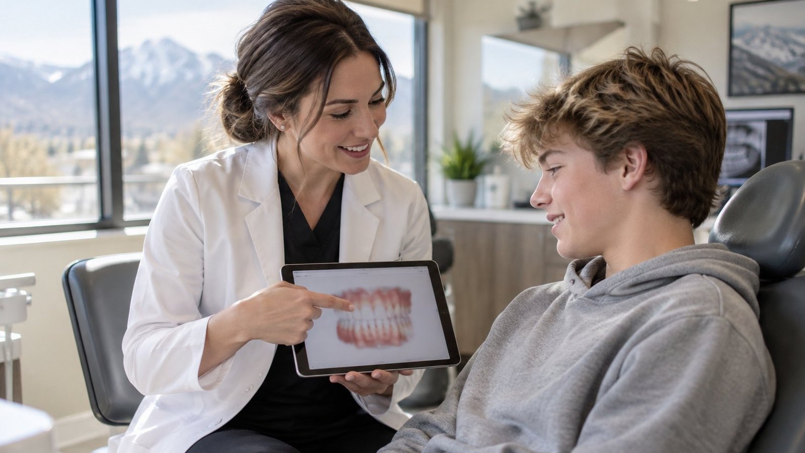 Orthodontist reviewing a digital bite scan with a teenage patient in Fort Collins